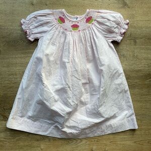 Silly Goose Hand Smocked Pink Seersucker Cupcake Dress Puff Sleeve
